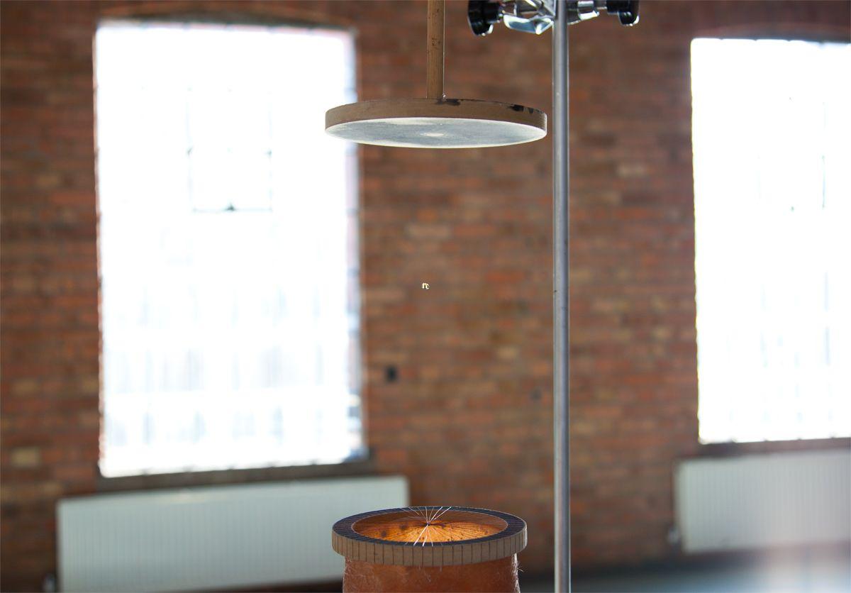 ‘Raindrop’, 2013, wood, fibreglass, aluminium honeycomb, steel mesh, fan, water. 80cm x 60cm x 200cm (w x d x h)