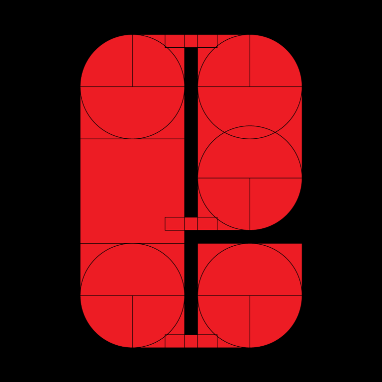 A red letter E written in Matthew's first font, Class-357, showing dimensions and geometry of the letter