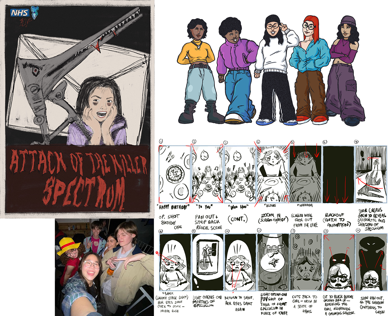 Poster, characters, storyboard and team members – composite images.
