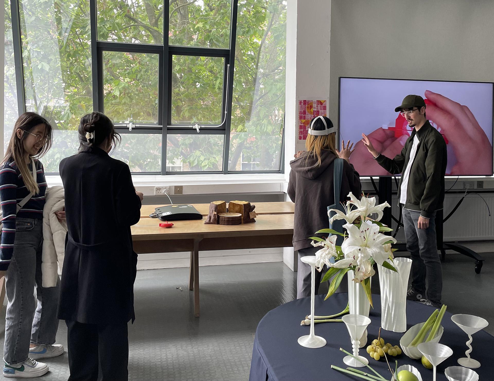 Exhibition view showing 3D modelled objects and VR installation.