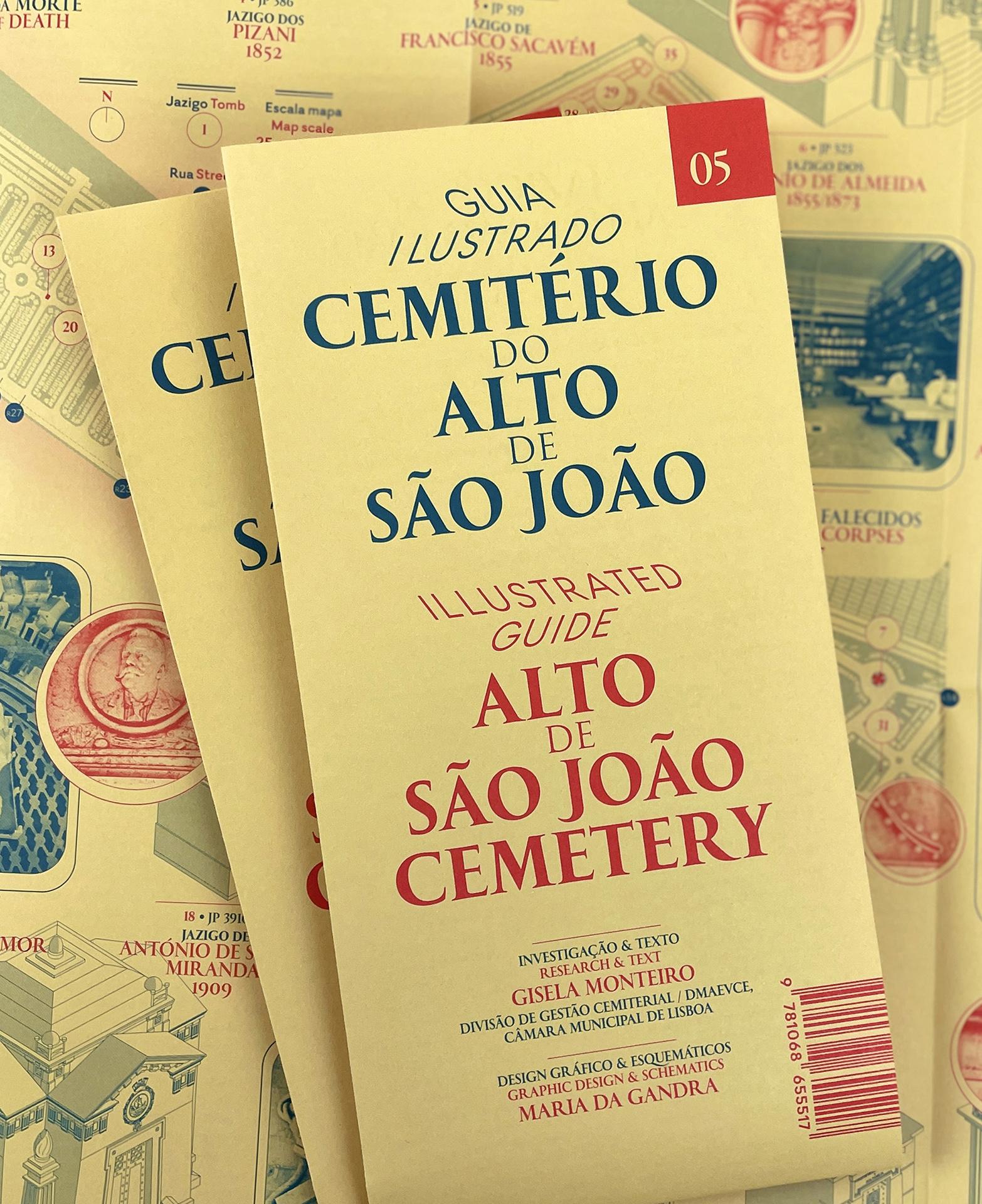 Front cover of Illustrated Guide: Alto de São João Cemetery, red and blue typography on pale yellow paperstock.