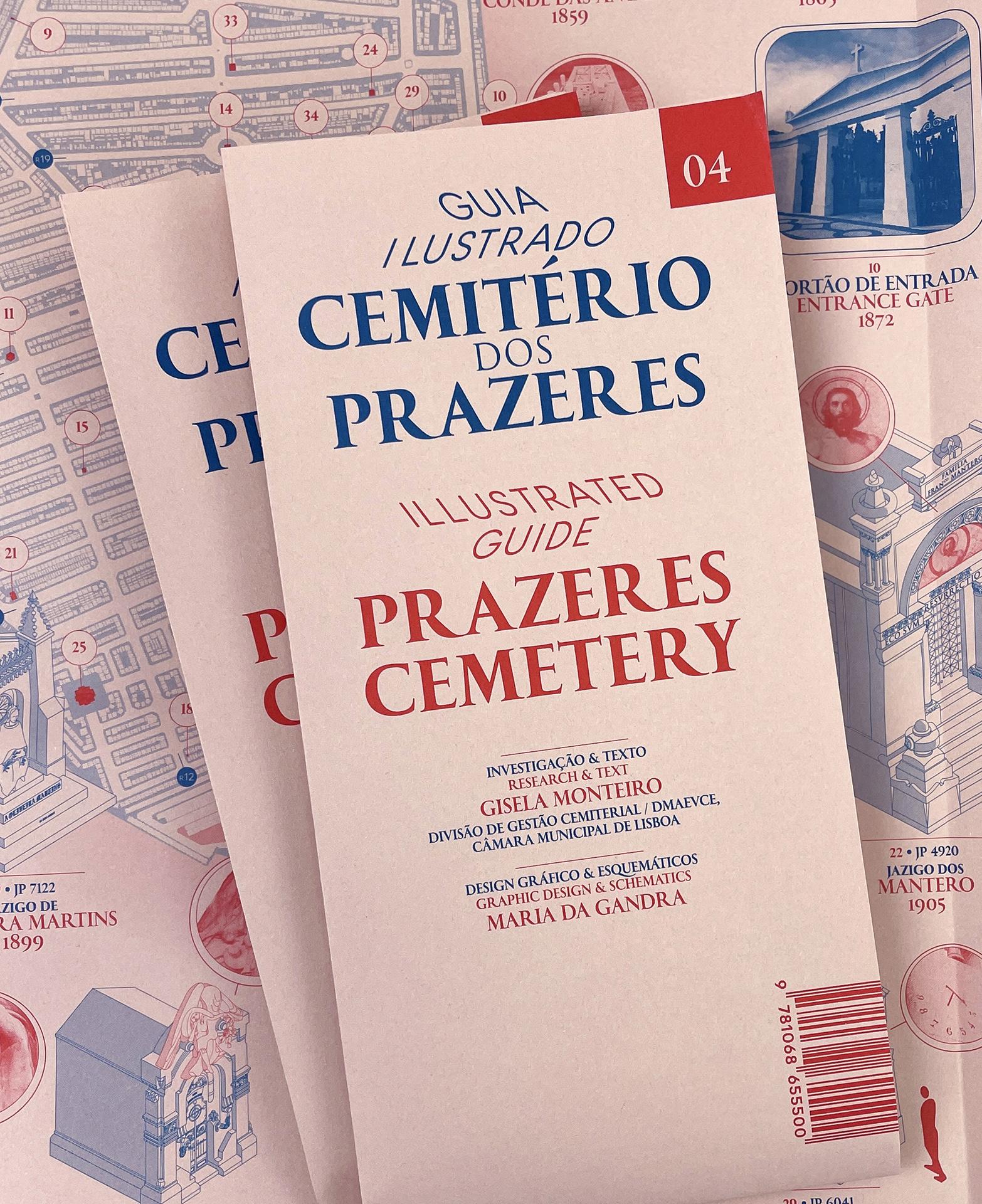 Front cover of Illustrated Guide: Prazeres Cemetery, red and blue typography on pale pink paperstock.