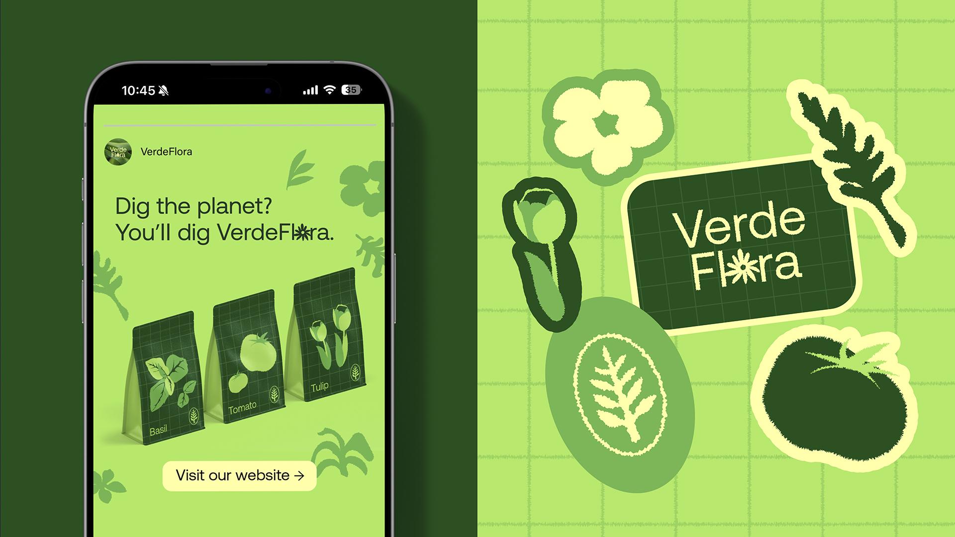 Applications of the logo and flower illustrations in shades of green monochrome