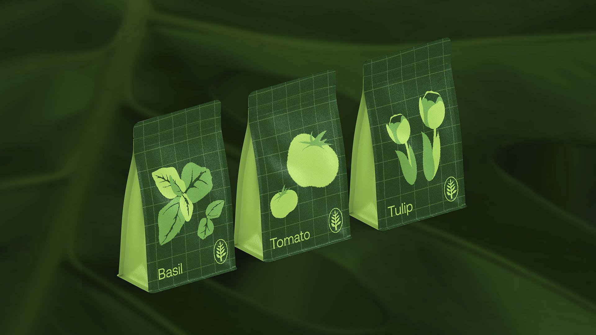Examples of packaging using monochrome green illustrations
