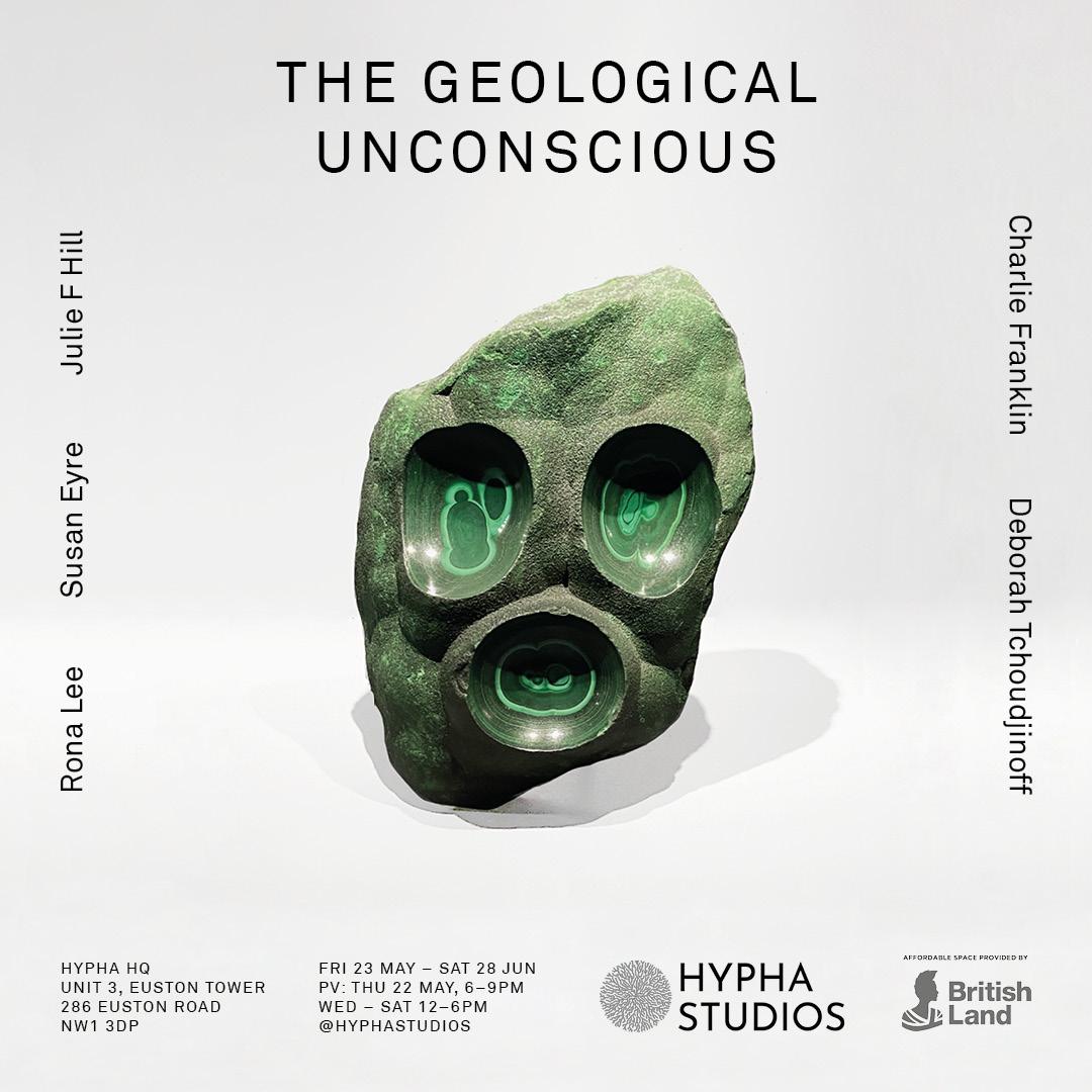 Promotional poster for the exhibition depicting a green matt stone with 3 curved hollows, suggestive of eyes and a mouth.