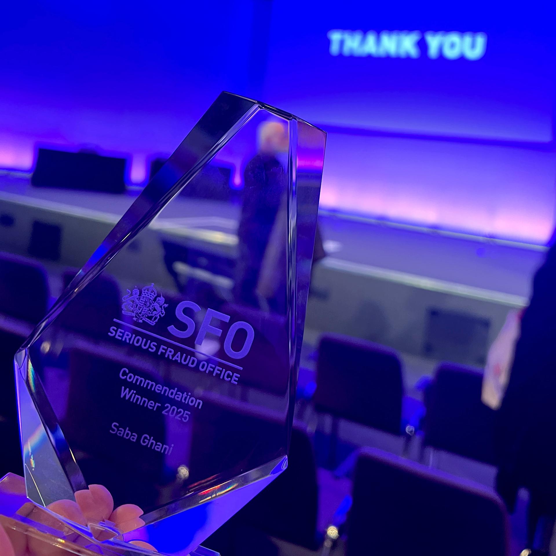 Close up of award