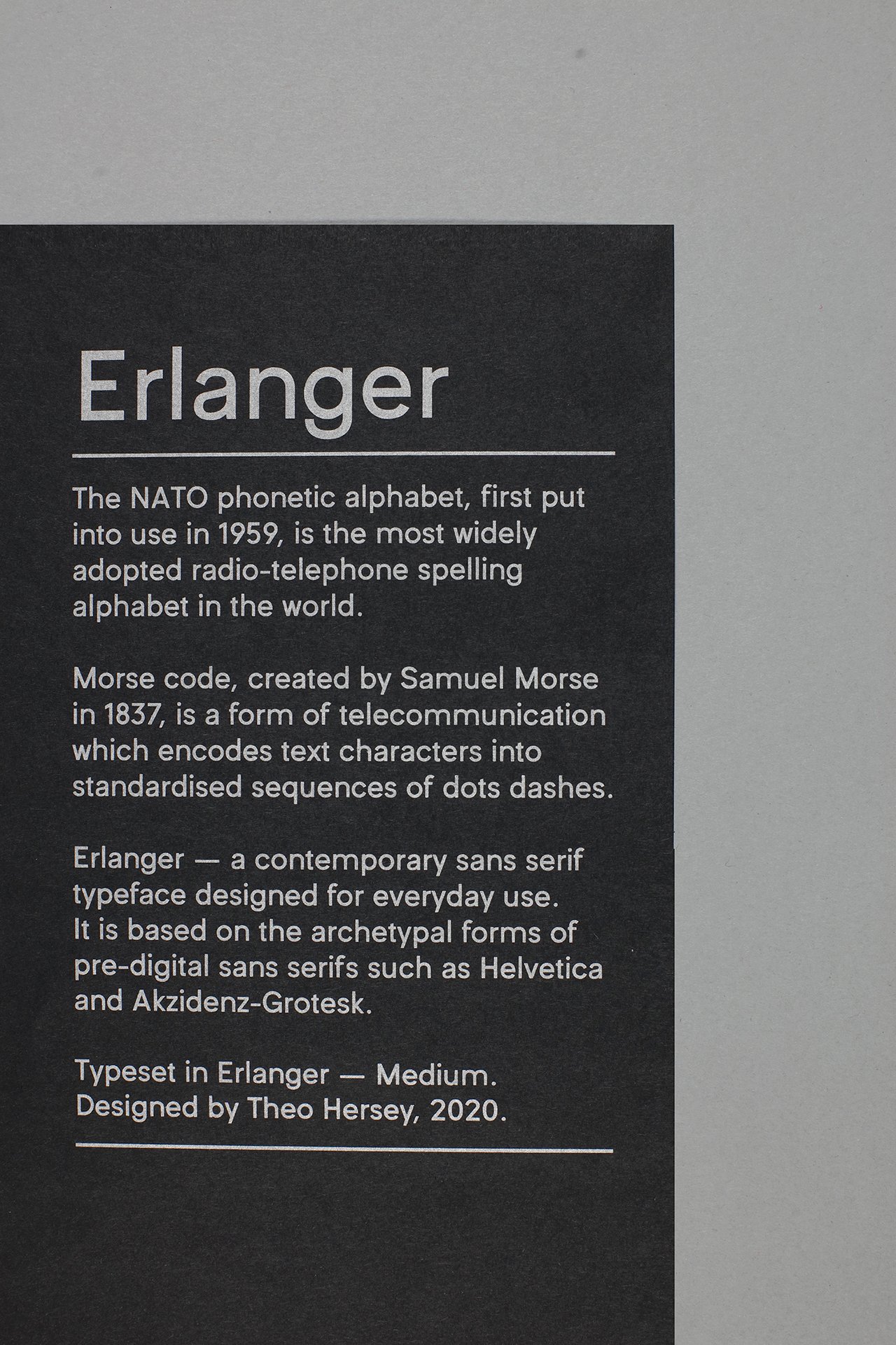 Information on the three components of the Erlanger specimen poster: the NATO phonetic alphabet, Morse code &amp; Erlanger.