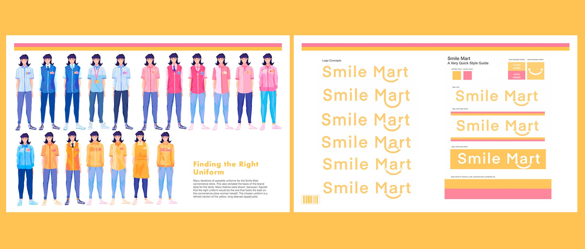 Work done for figuring out the convenience store uniform and the brand identity of the world's convenience store. Both of these visuals were very important to the project. The uniform was an imperative step in figuring out the primary colour of the convenience store's brand.