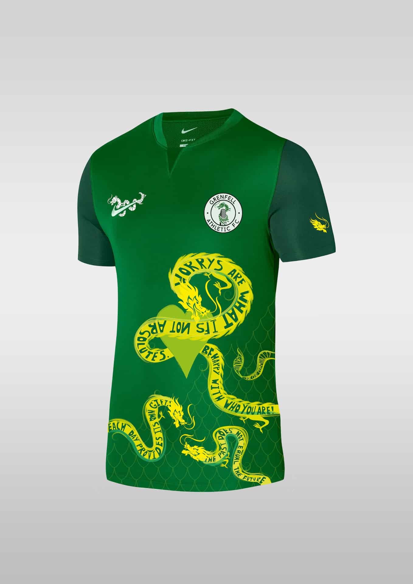 Front profile of the Grenfell Athletic FC Words of Wisdom shirt