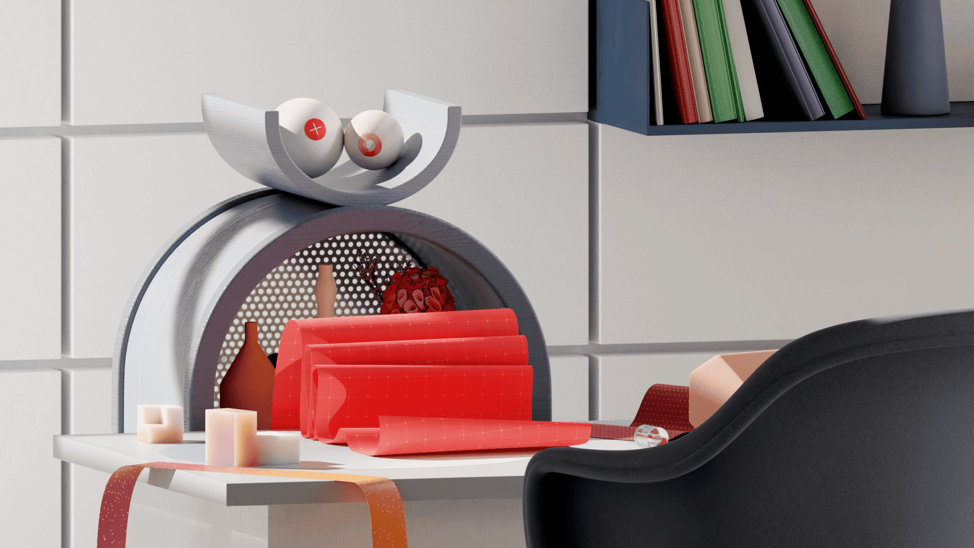 Face #3: An office shelf who’s loosing its mind after a studio brainstorming session.