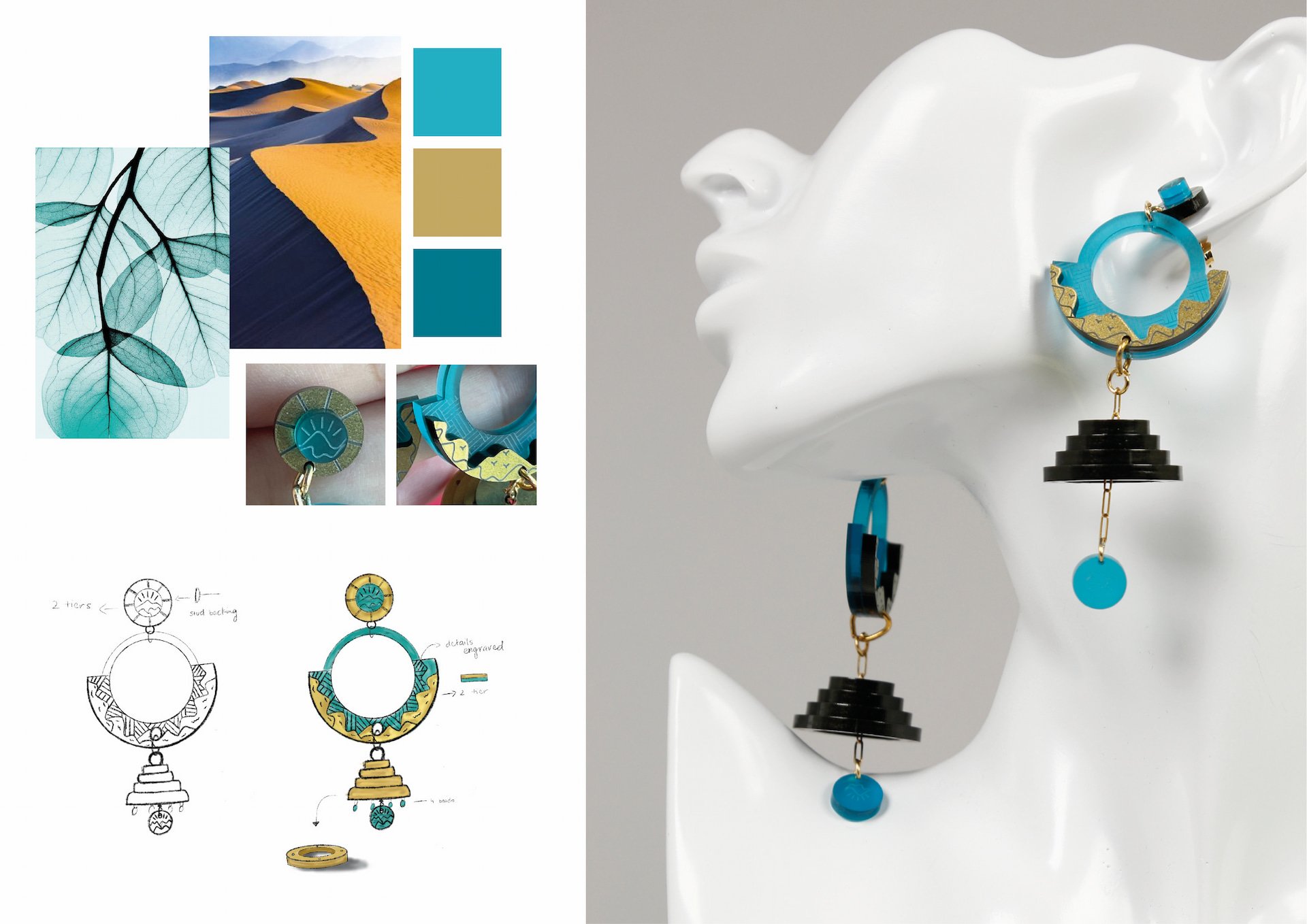 This design was inspired by Mother Earth's landscapes, the gold symbolises the heat of a desert, which is being wonderfully complemented by the cool teal. 