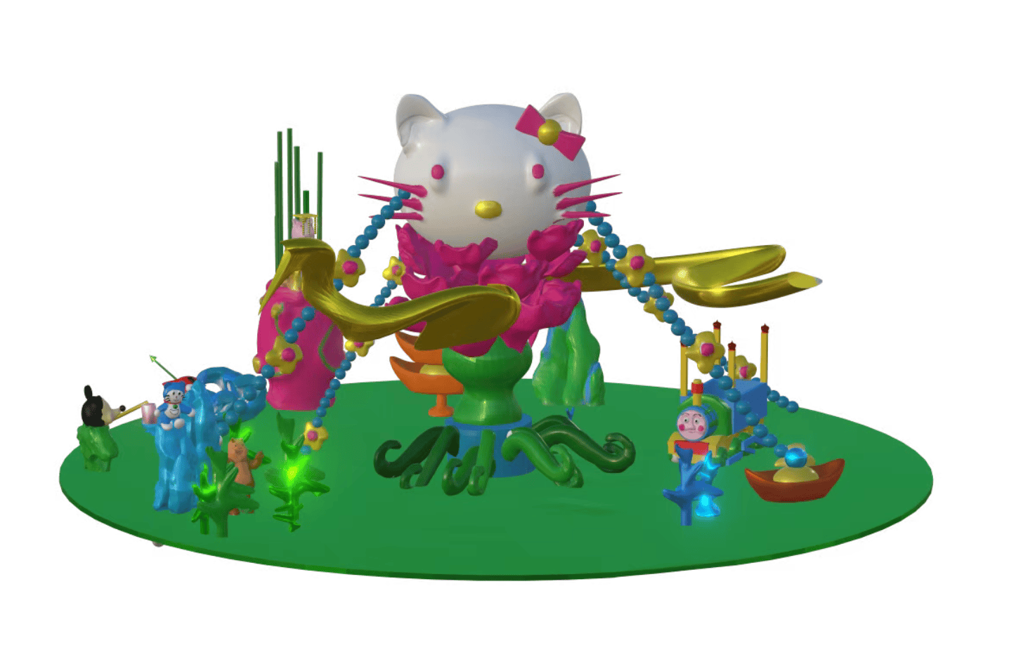 I still used popular animated characters for the transformation in the square, as the main visual effect, while adding lanterns and traditional Chinese elements such as a rockery to form an amusement "Utopia".