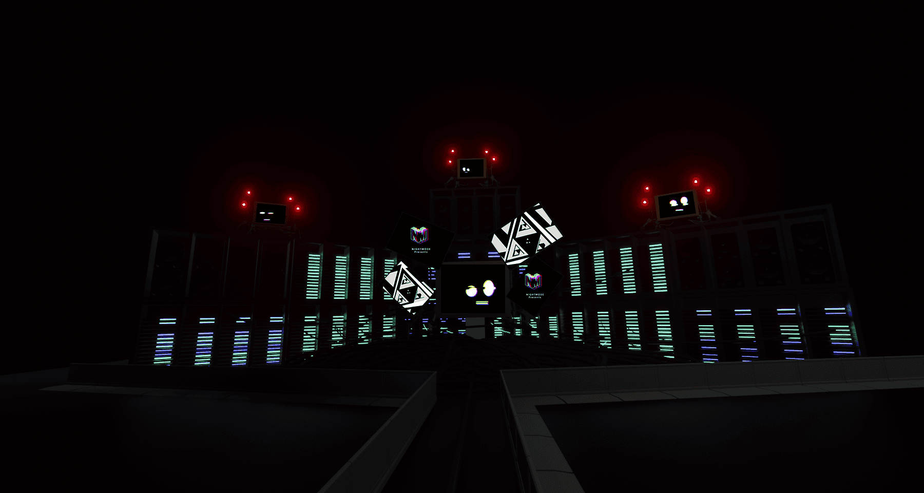 This is a render of the stage with all of the lights and screens set up for performances mixing the stage environment, the robots, and some animations that I made as placeholders for the festival or artists to put on the screens.