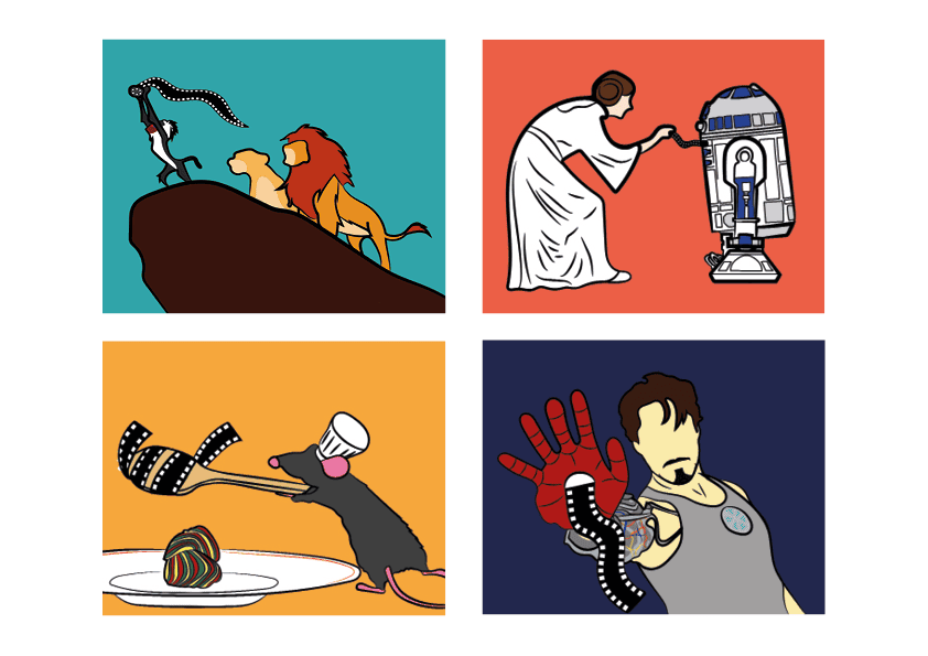 Posters for sale which I drew with the idea of grabbing iconic movie moments and replacing or adding in the movie reels.