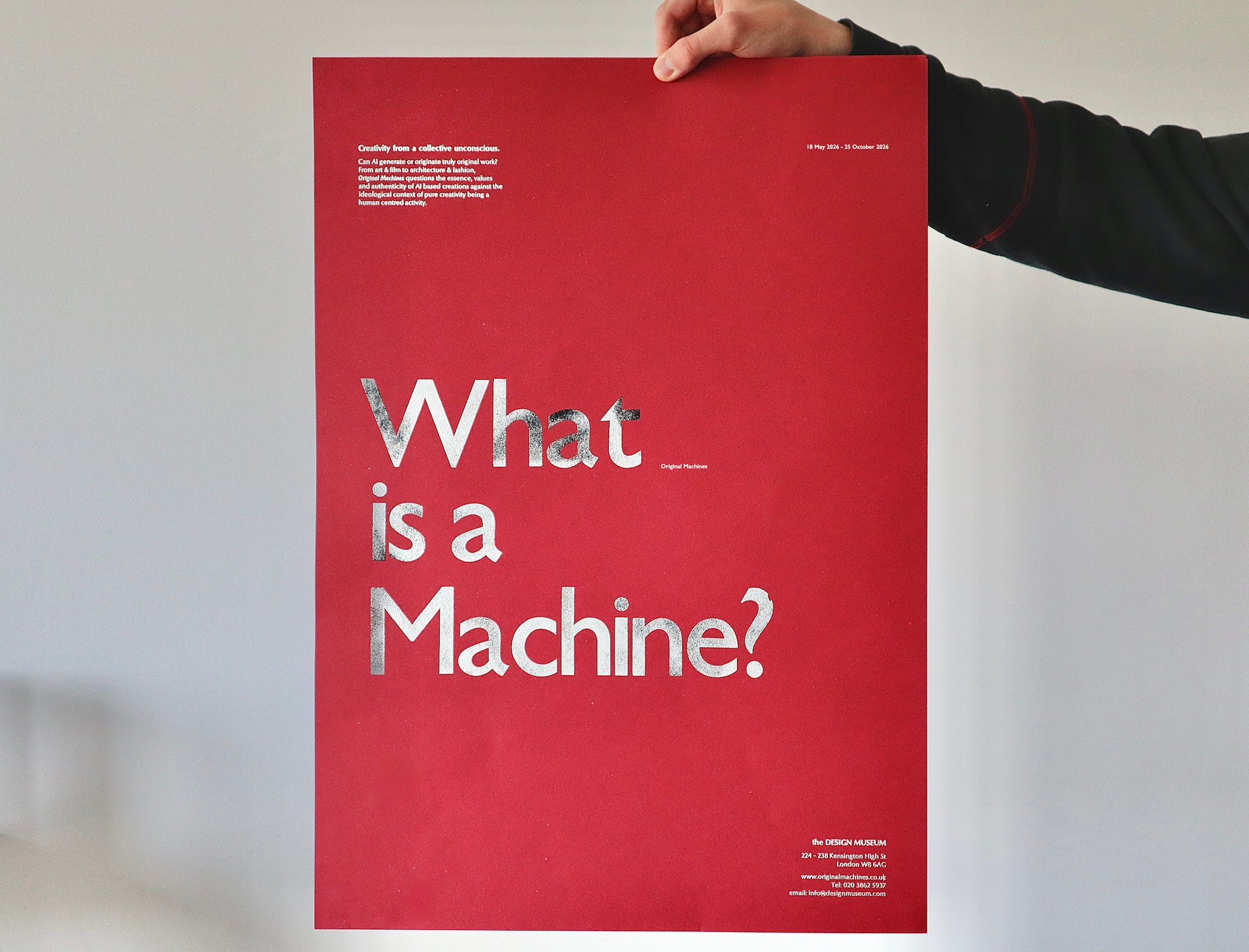 A hand-crafted letterpress poster exploring texture and machine-like motion, reflecting the exhibition’s themes through analogue process. This piece sets a tactile tone and contrasts with the digital nature of AI.