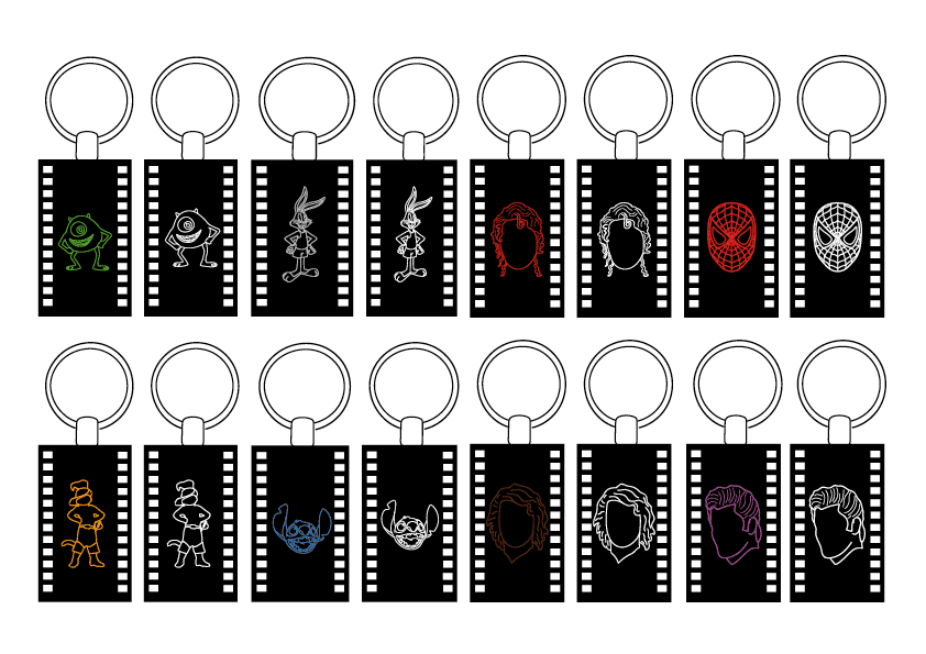 Keychains that would be sold at the event. These were created by keeping the theme of the reel very consistent and adding outlines of different characters from different themed days.