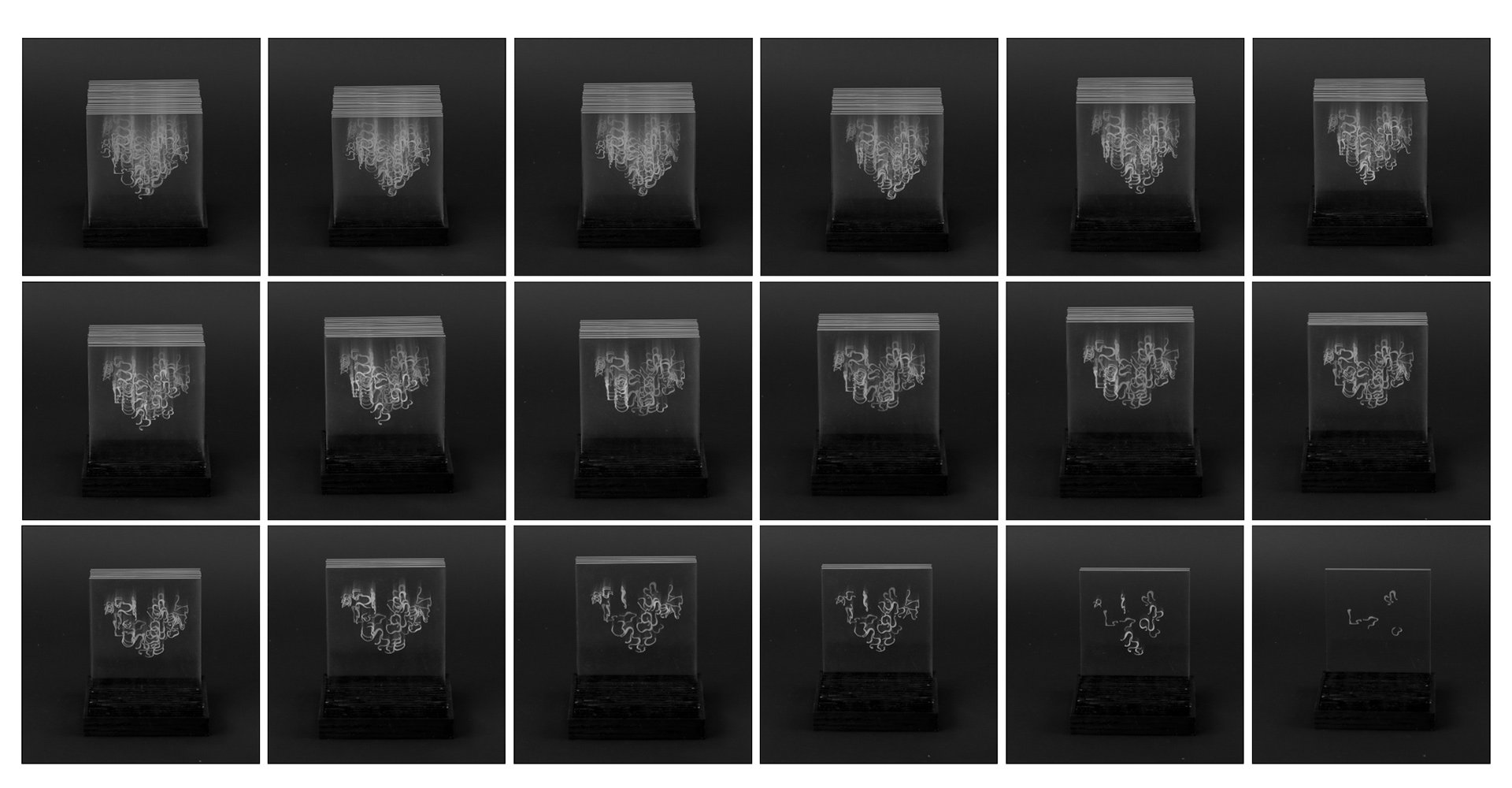 As the layers increase, the depth of love grows and the shape of heart becomes more complete and clear. 19 acrylic plates stacked together are exactly the thickness of an adult heart and their height is the exact height of an adult heart.