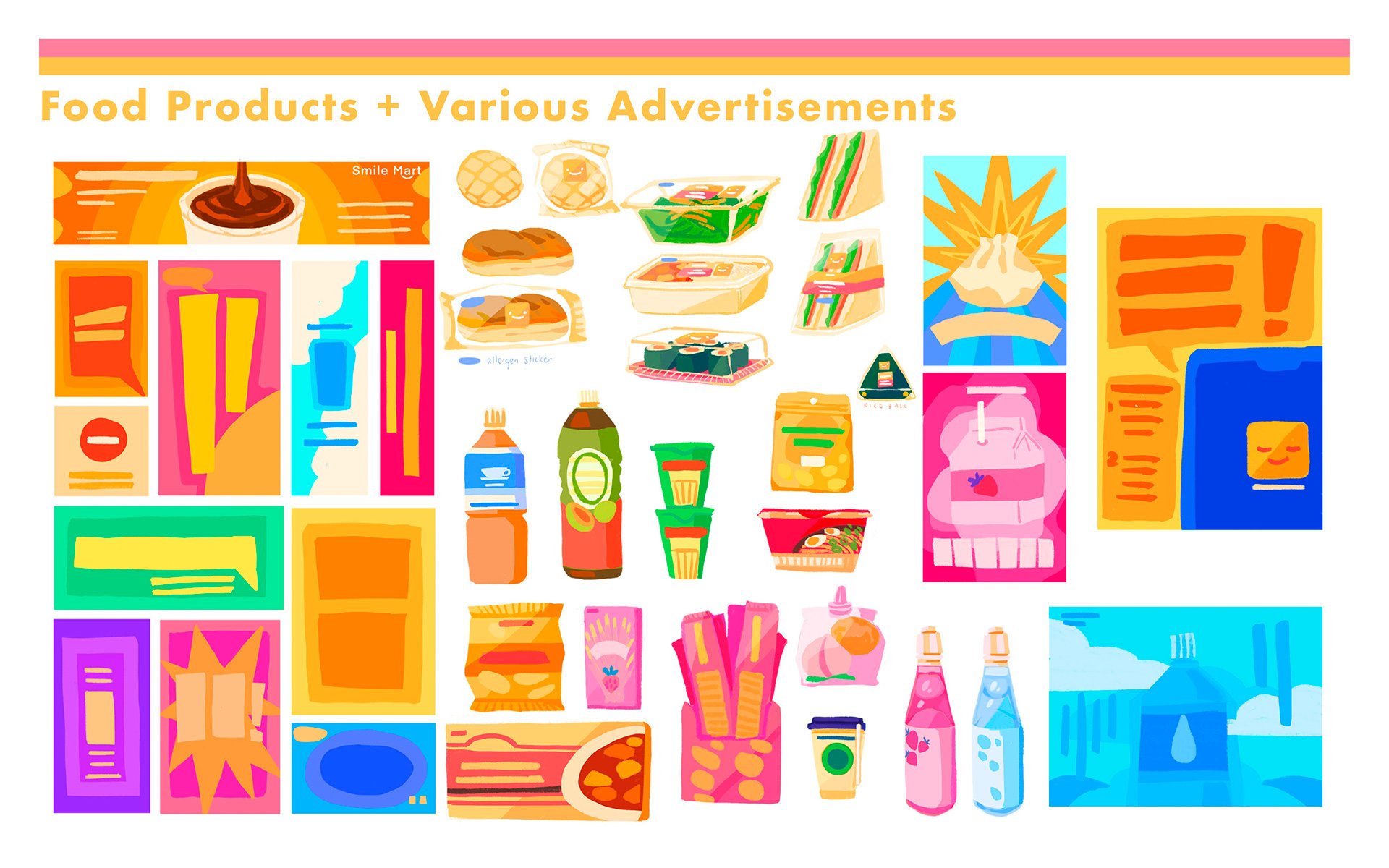 Artwork for the various objects that appear in the convenience store. This was to help reinforce the world's visual development to be as strong as possible.