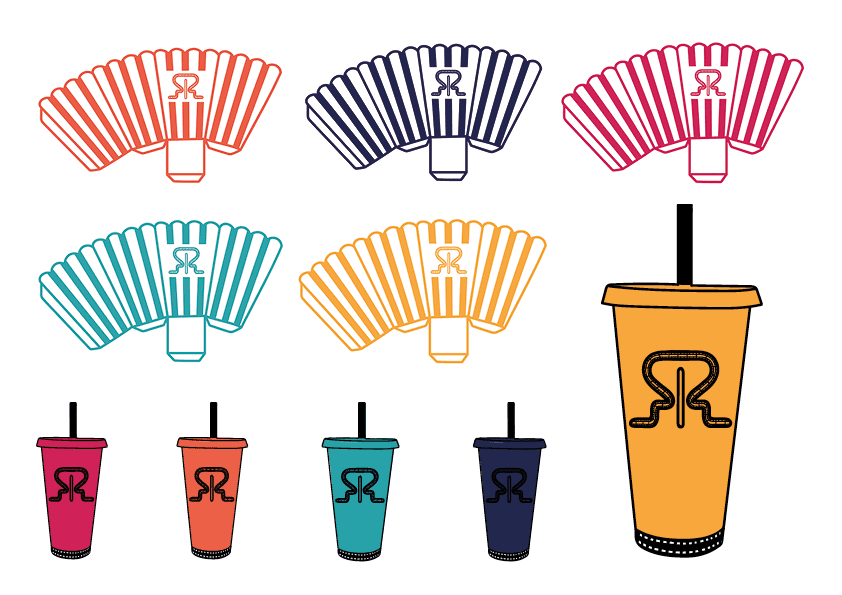 The popcorn box and drinking cup designs that would be used. The colours are based on our chosen colour scheme.
