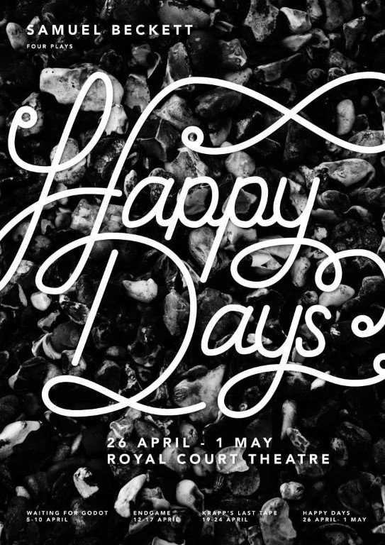 Greyscale high-contract poster for the musical Happy Days at the Royal Court Theatre, featuring a swirling font and a gritty background