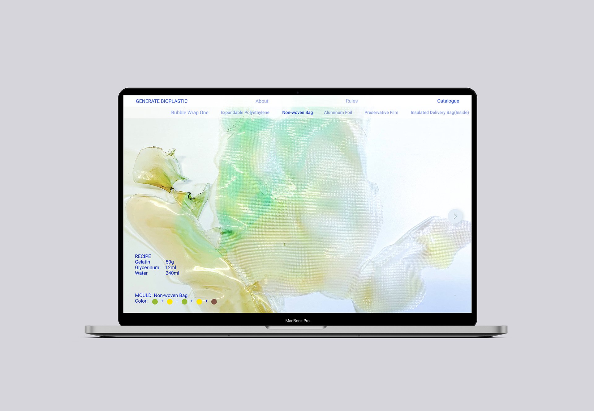 The first page when clicking the image in the catalogue. It includes the recipe and the colour uses.
