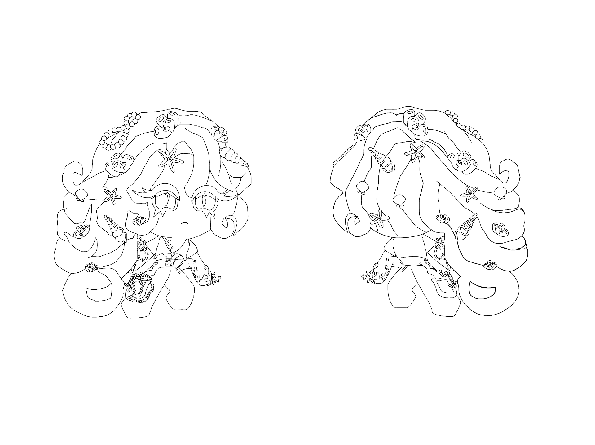 A detailed front and back view showcasing the intricate design of the Shipwreck Cookie character in black and grey. The outfit of this cookie reflects her adventurous personality and the accessories in her hair are tokens that represent all of her shipwreck explorations.
