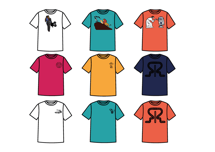 The t-shirts on sale at the event which would vary from illustrations to icons or just the logo. The shirt colours match the colour scheme we chose.