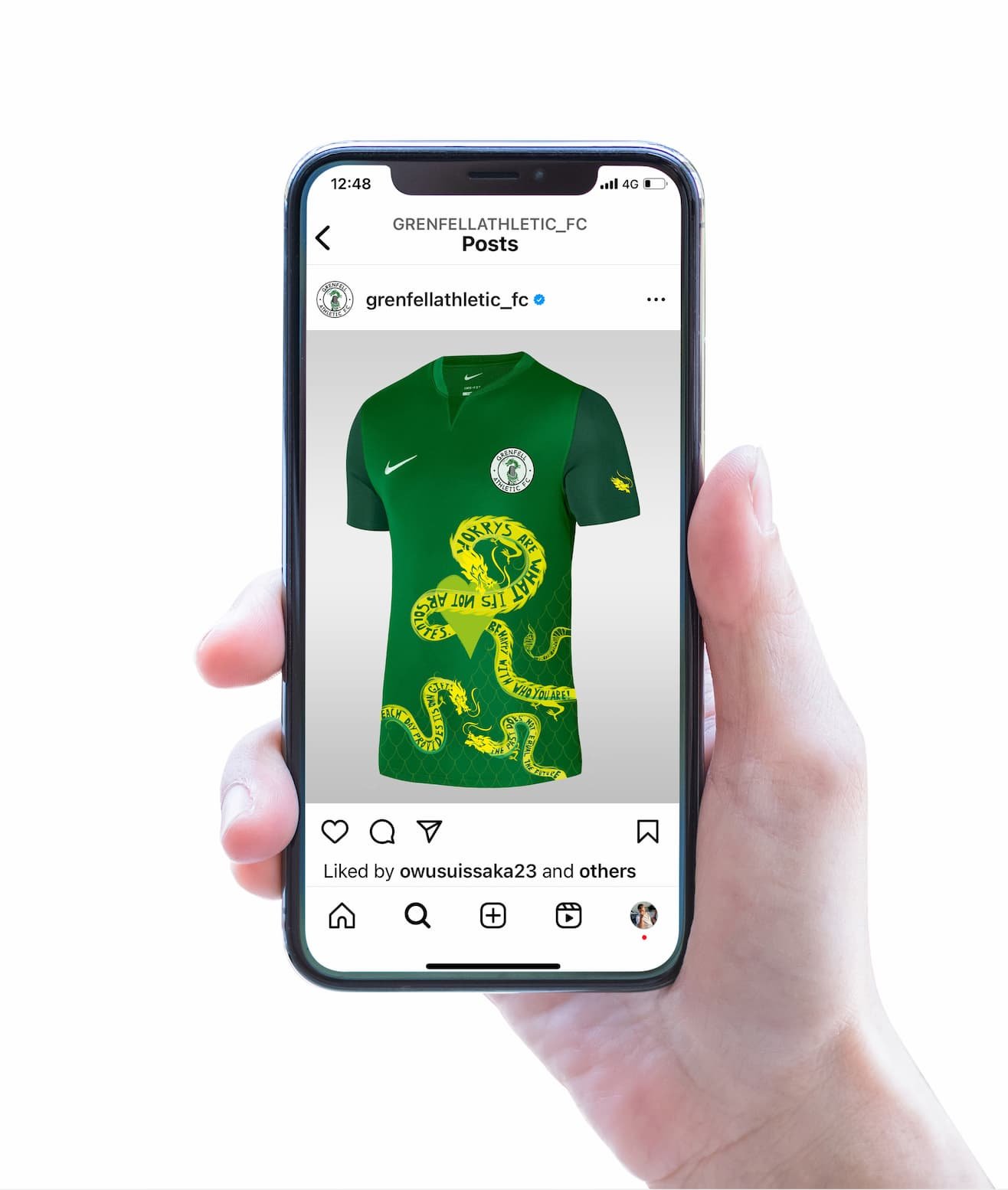 Social media mockup of the Grenfell Athletic FC Words of Wisdom shirt