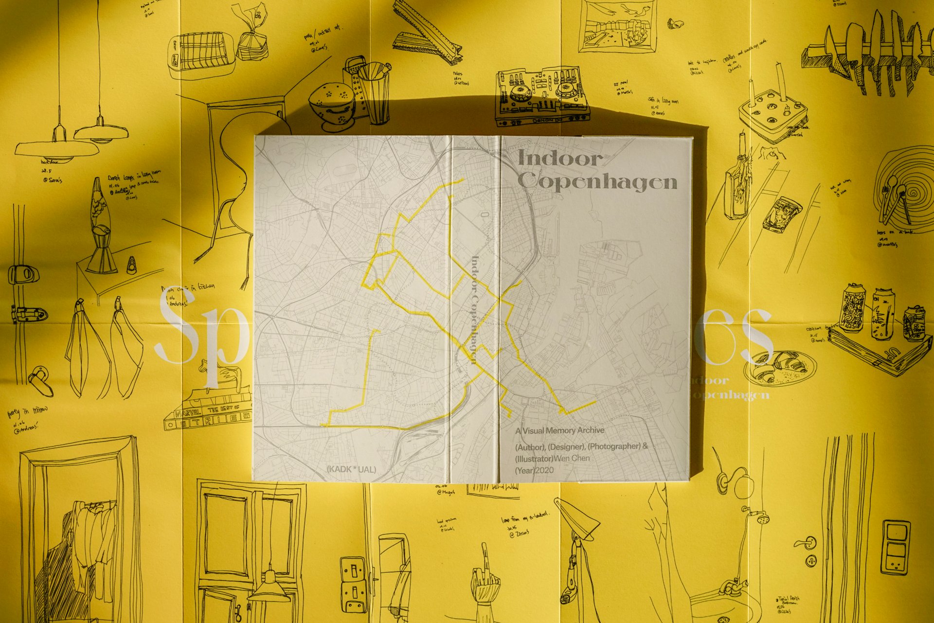 Flat cover with spine on the sketch poster. The map on the cover is printed with Lithography in silver ink. The routes on the map are printed with Risography in yellow ink. The cover is duplex with Munken off-white and GF Smith Colorplan Factory Yellow paper.