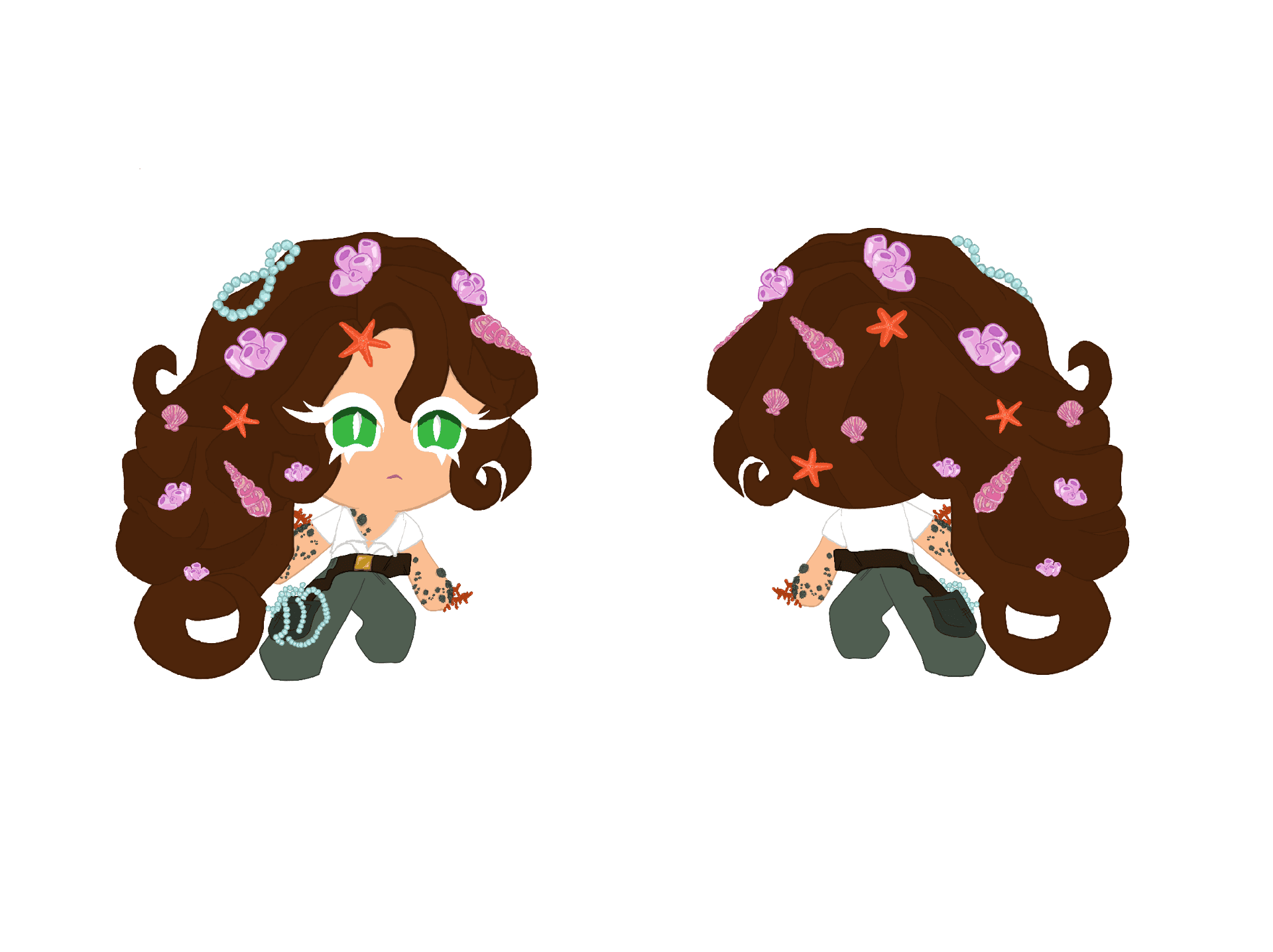 A detailed front and back view showcasing the intricate design of the Shipwreck Cookie character in full colour, copying the same visual style as the video game the character was designed for.