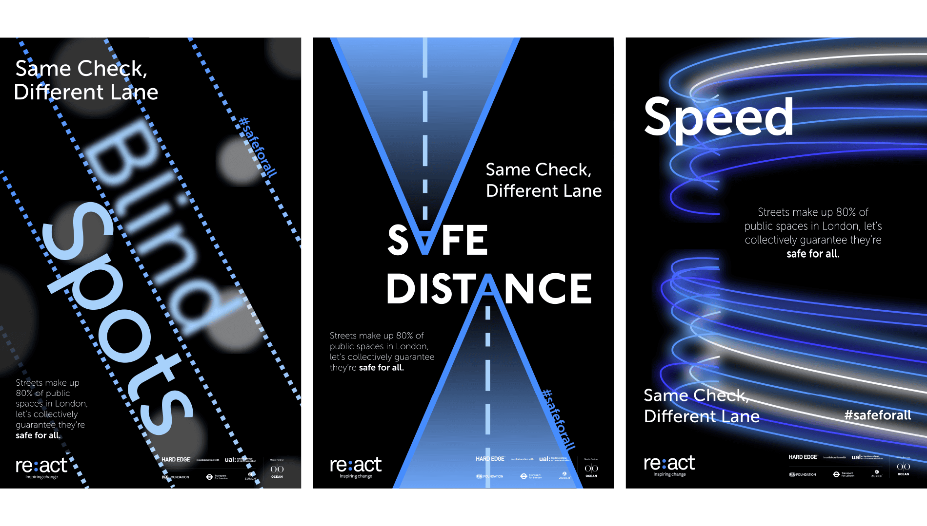 These are the three posters that follow on from the social media campaign. These three themes of blind spots, safe distance and speed were the top reoccurring factors in my research that could lead to reduced collisions on the road.
