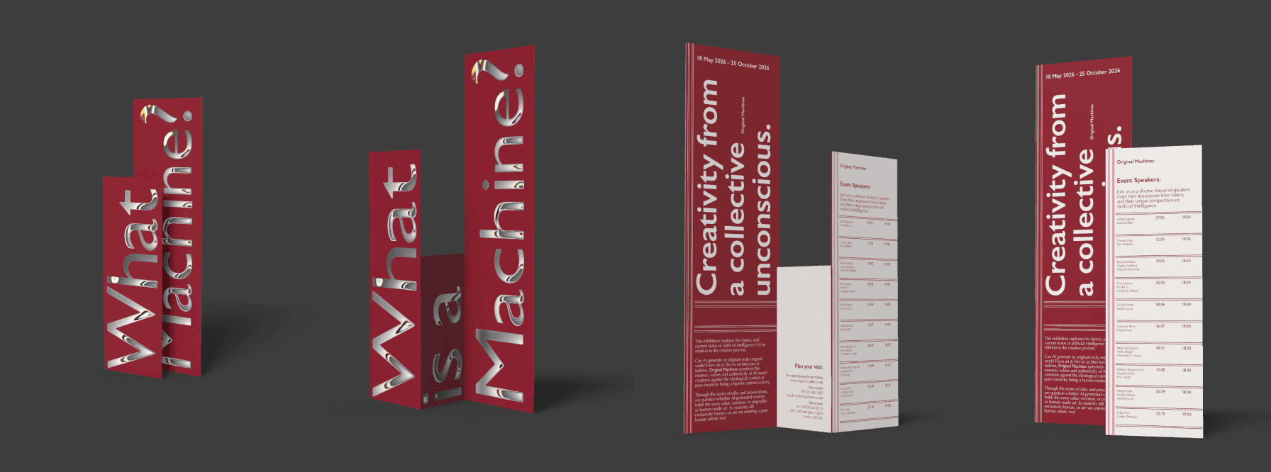 A trifold brochure that guides visitors through the exhibition, including event details, speaker line-up, and contextual framing of the theme.