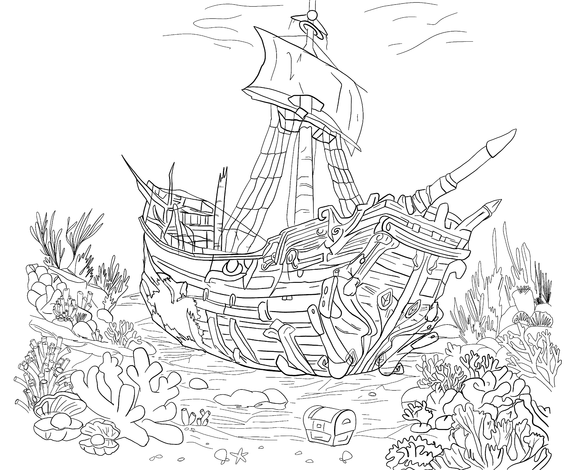 A monochromatic depiction capturing the atmospheric essence of the Shipwreck Cookie’s environmental surroundings. The shipwreck is at the centre of the visual to hone in on the characters theme and the seashells match the character's hair accessories creating a direct link.