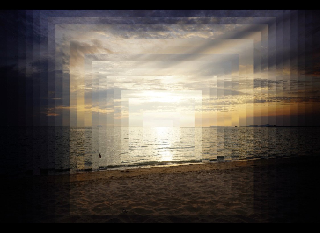 The colours that are framed in each square show the points and interpolation of the Sunset that gradually changes from Superdark (outer) to a bright light view that appears in the centre of the canvas frame, “The Golden Hour”.