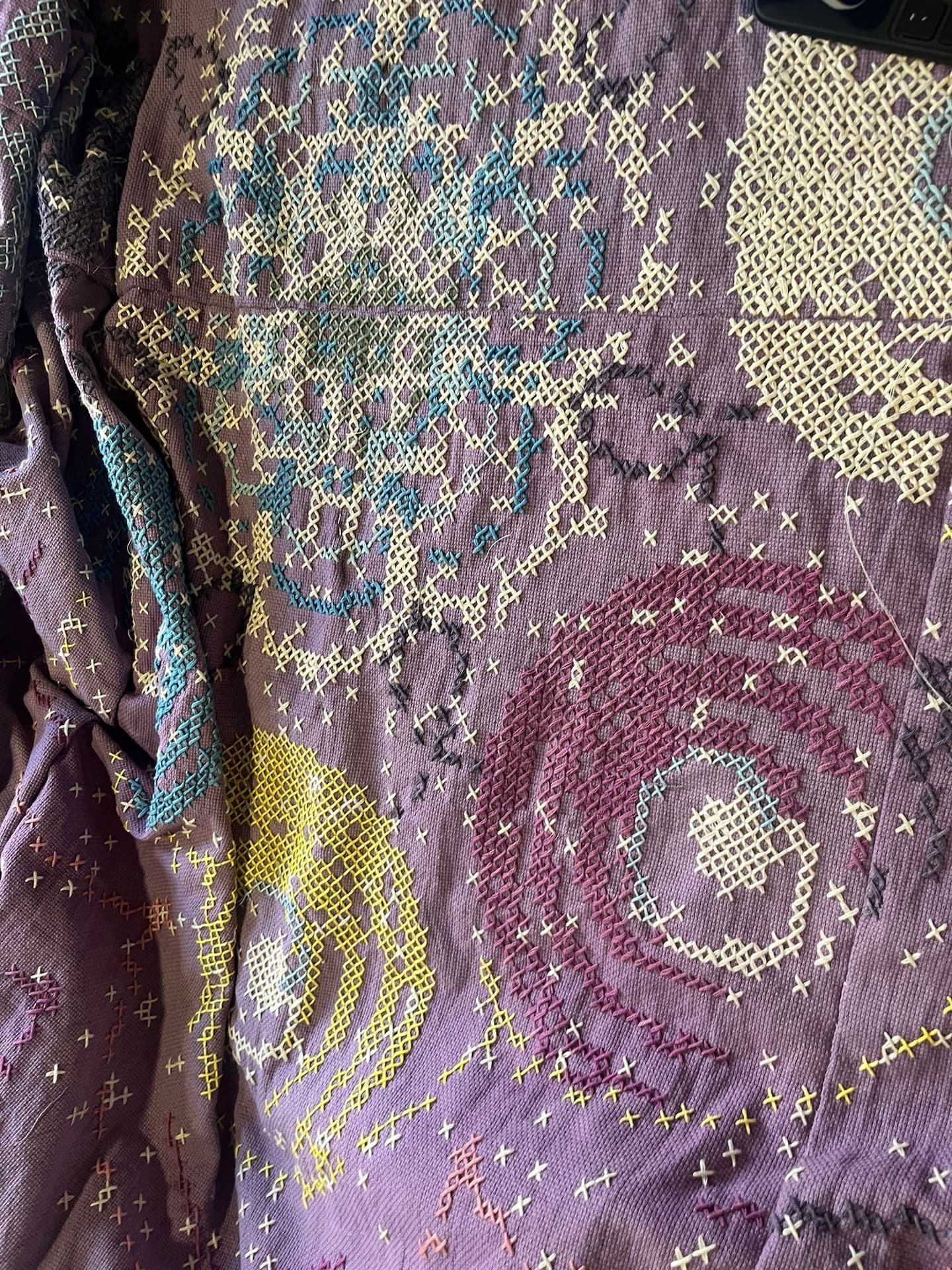 Embroidery created with the code algorithm as part of the experimental process. This is one example of the code patterns created for the embroideries. This experiment was part of the development of the final algorithm while exploring traditional Yucatan embroidery from Mexico.