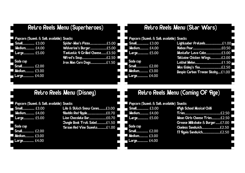 This is the menu I created for some of the different themed days at the event. I tried to include foods that could relate to the film that was on show.