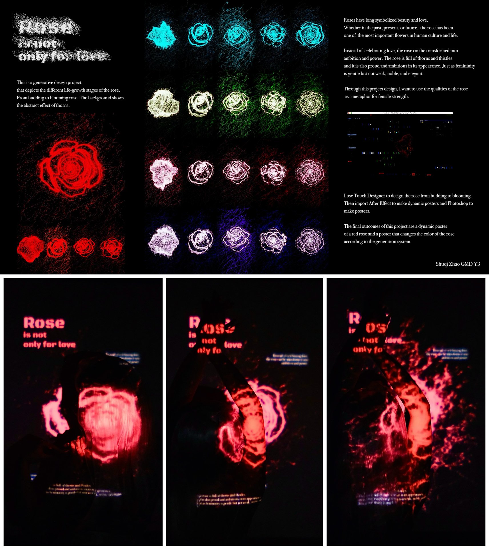 The picture above is the system of this project and the three pictures below are the motion poster projected on a girl’s hair and body.