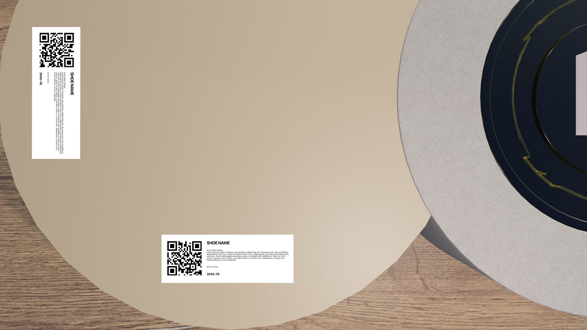 Shoe box labels on display tables.