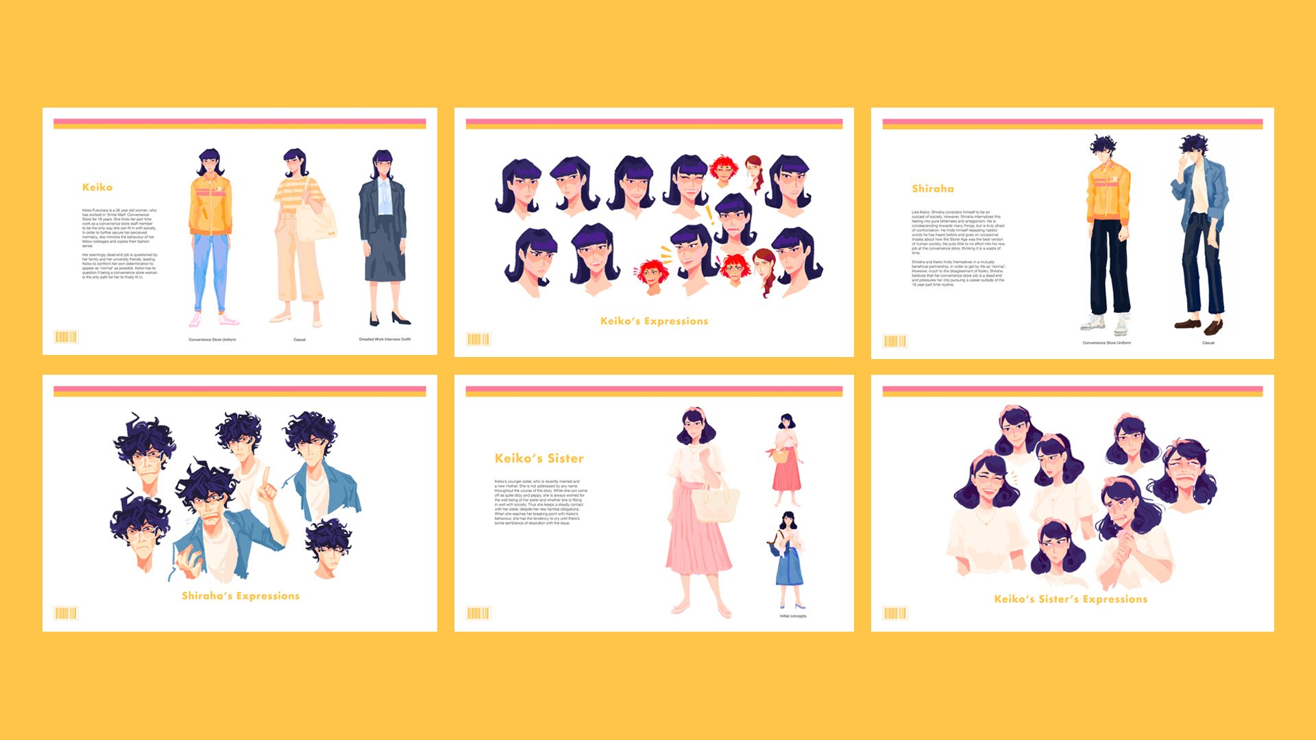 Character design work and expressions for three of the project's major characters.