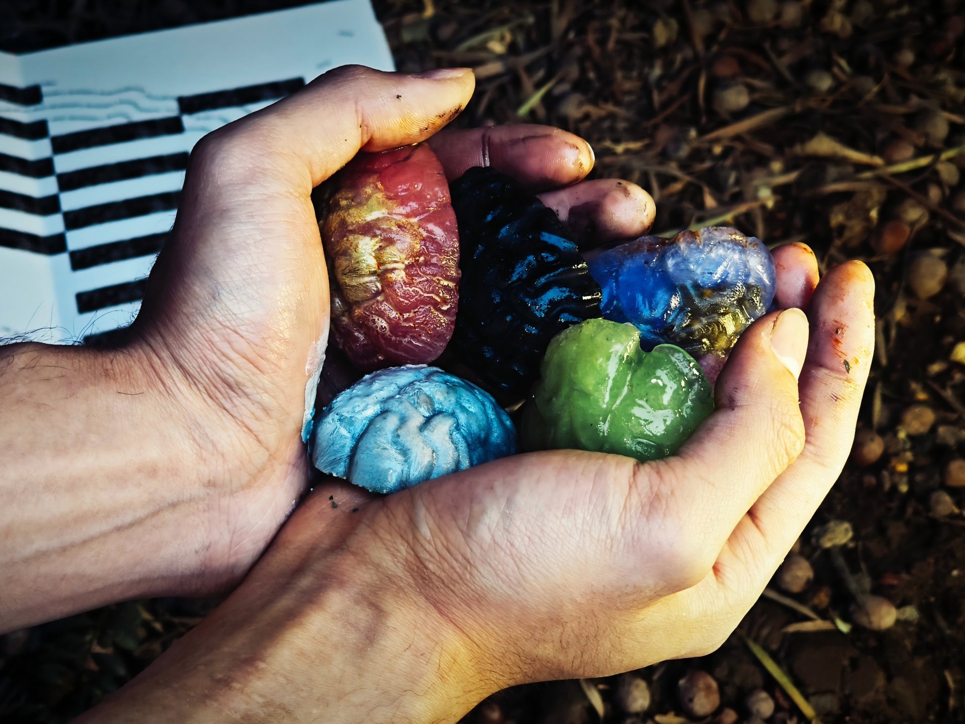 Brain model. Size: 4.5cm×6.5cm each. Medium: Acrylic, tin foil, platinum, paper, spices, watercolour, oil, water