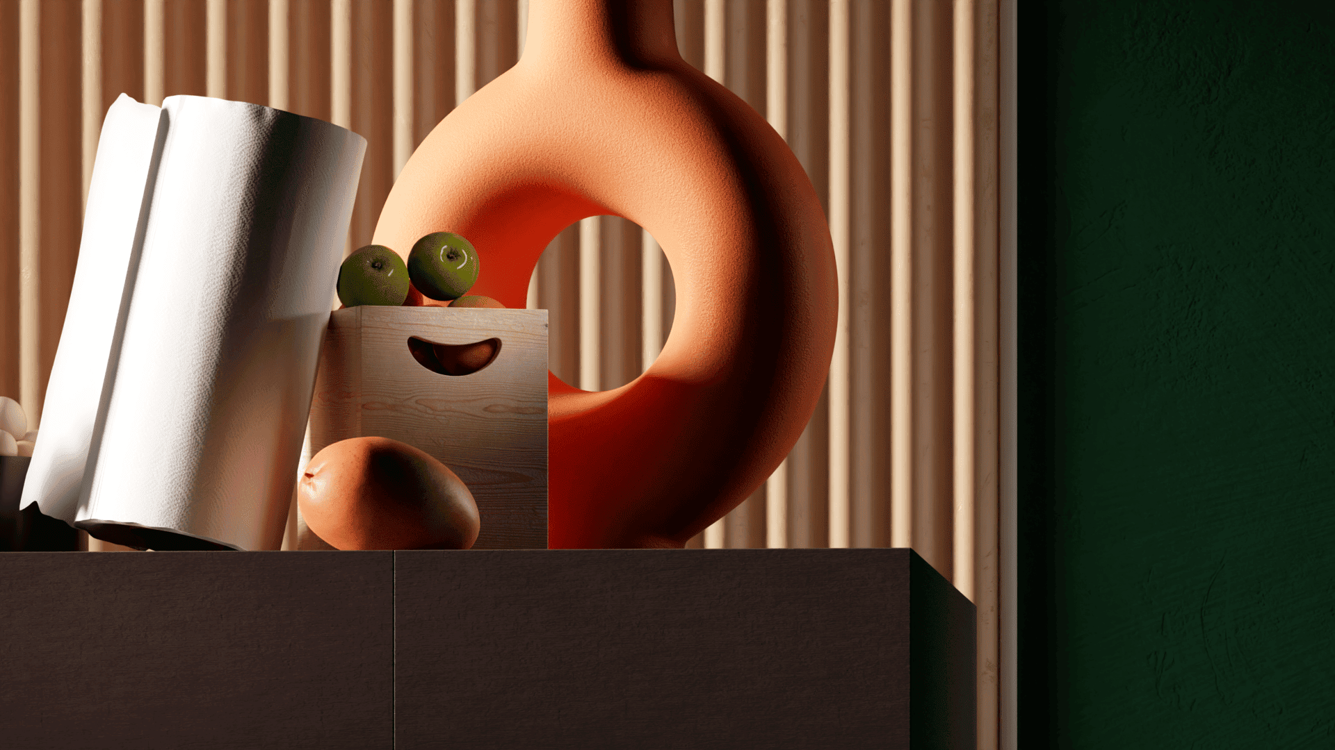 Face #1: A happy little fruit crater hidden between a Nordic vase and some kitchen towel.