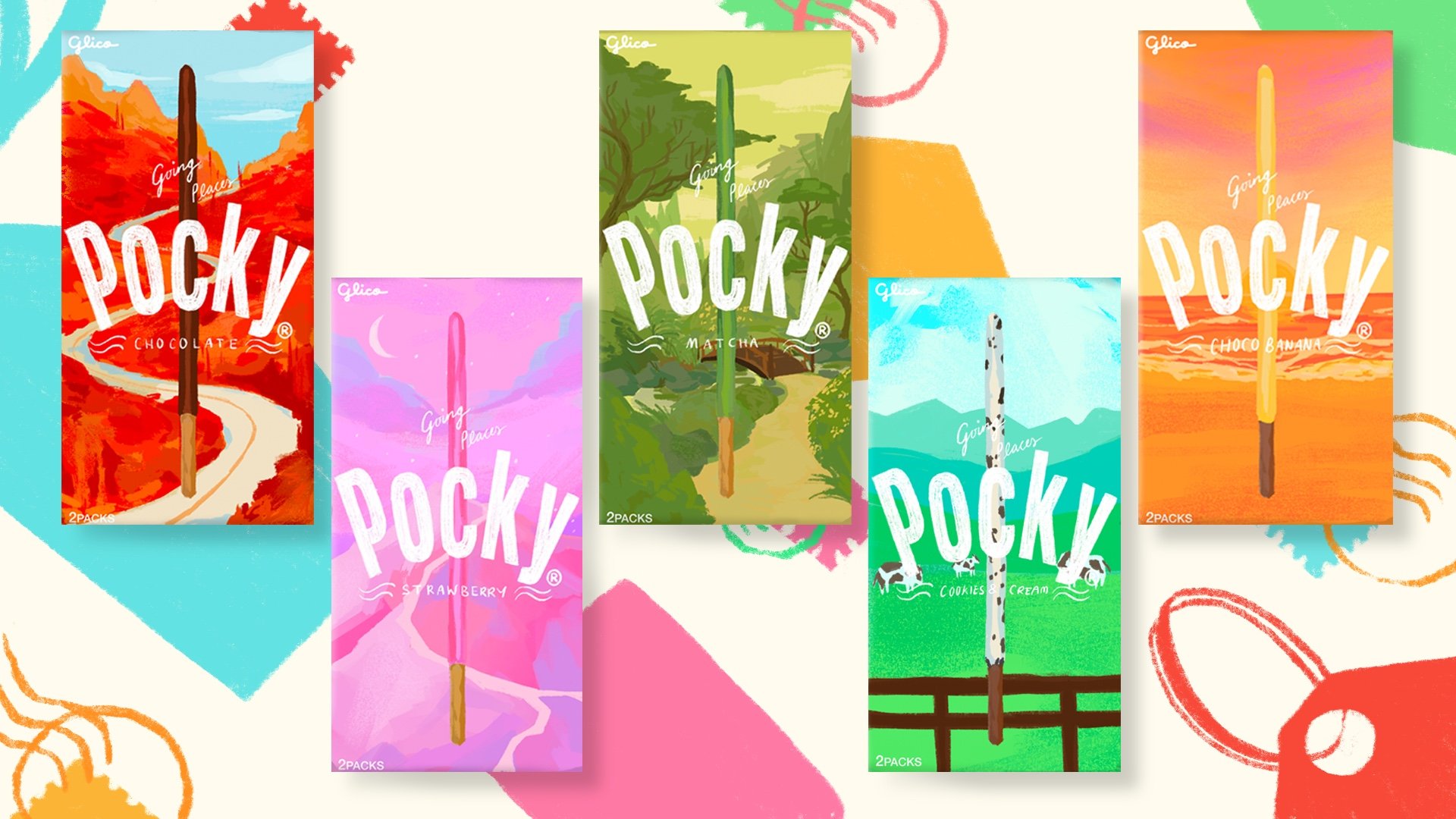 The proposed designs of the Chocolate, Strawberry, Matcha, Cookies and Cream and Choco-Banana flavours. These flavours were chosen for redesign as Glico considers them to be the 'classic' flavours.