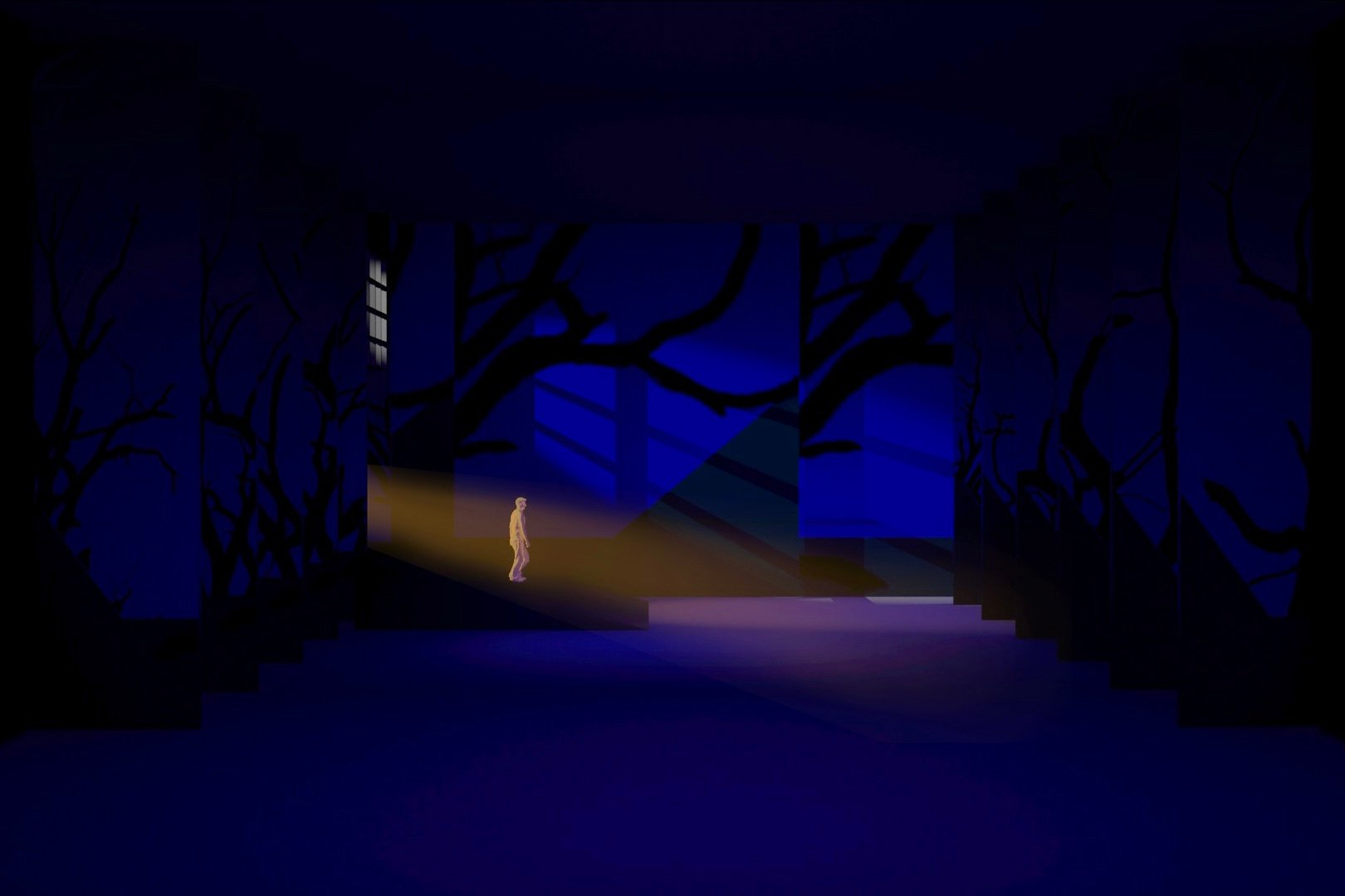 The second scene, dominated by cool blues and looming tree shadows, portrays inner depression.