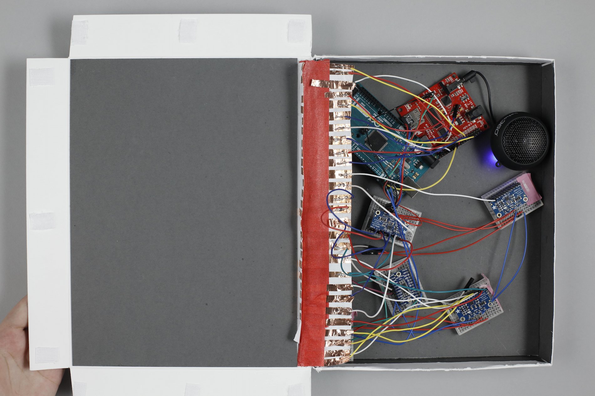 An Arduino Mega along with MP3 trigger and capacitive touch boards were connected to a I2C bus to create a corresponding connection to each an every word in the book.