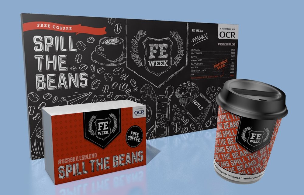 A menu, packaging design, and coffee cup design featuring Matthew's font Fervour Sans